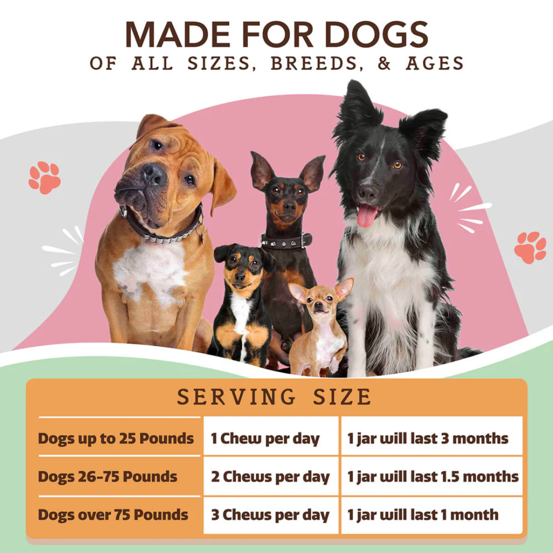 The feeding guidelines of the The Natural Dog Company Urinary and Bladder chews. There is an image of different dog breeds above this.