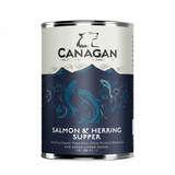 Canagan Salmon and Herring Supper Wet Food 400g tin against a white background.