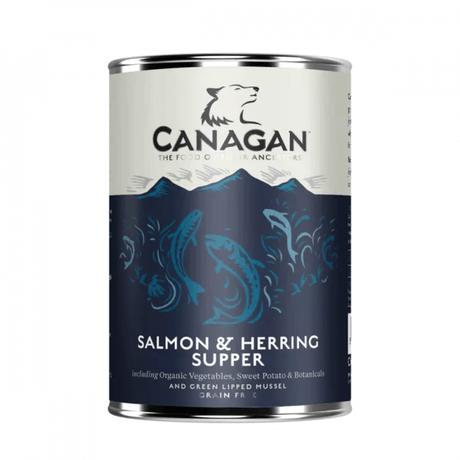 Canagan Salmon and Herring Supper Wet Food 400g tin against a white background.