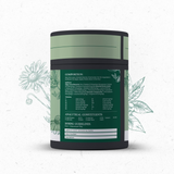 Back of a tub of Natural Vet Co Skin and Coat biscuits for dogs with foliage drawn in the background.