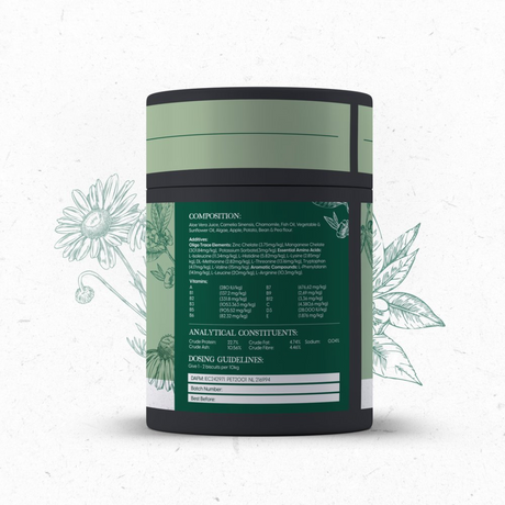 Back of a tub of Natural Vet Co Skin and Coat biscuits for dogs with foliage drawn in the background.