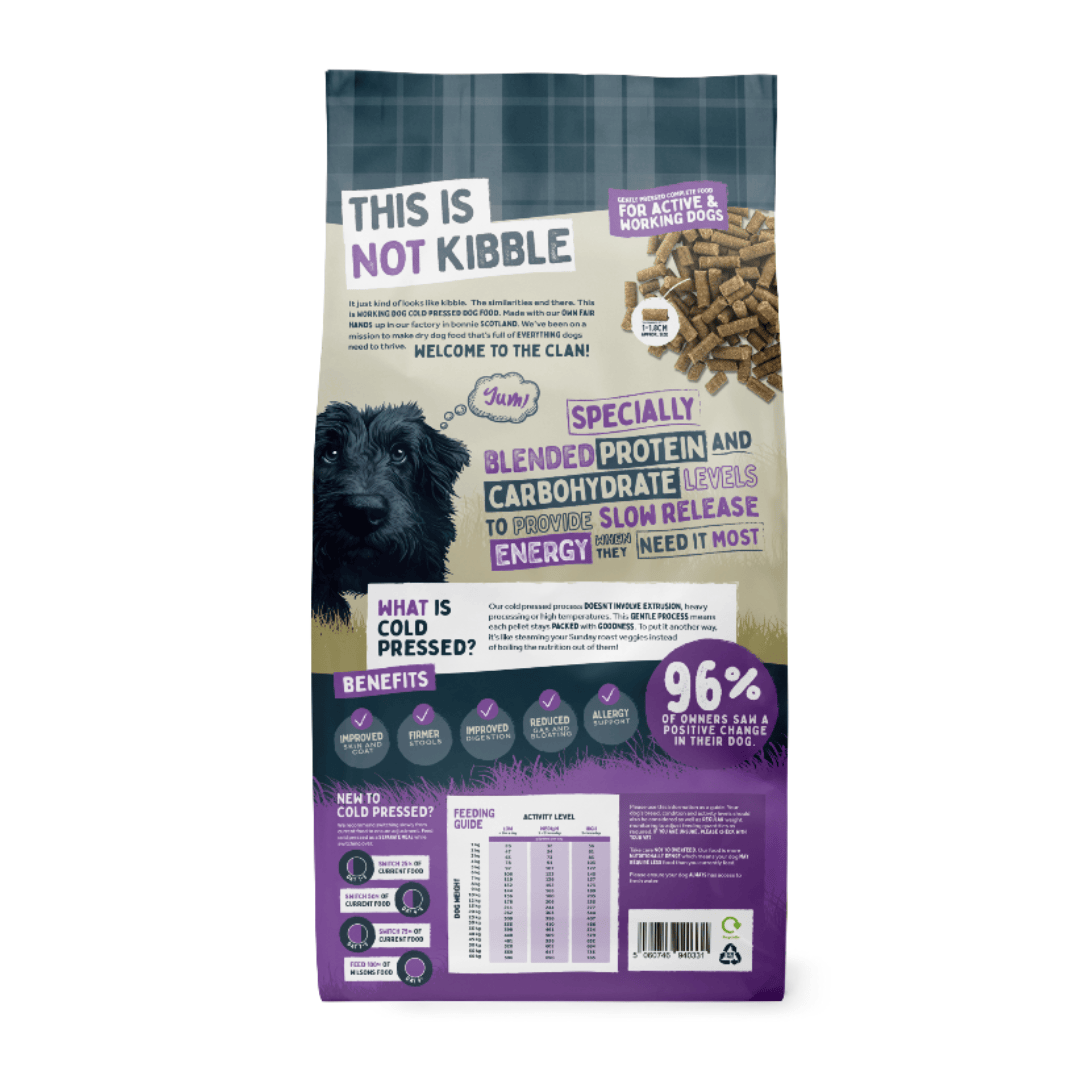 Dog food package with text and a dog illustration on a white background