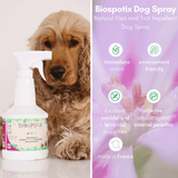 Biospotix Dog Spray infront of a golden cocker spaniel with the benefits
