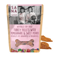 Bag of Sana Air Dried Turkey, Sweet Potato and Pomegranate Fillets for dogs, in front of four of the same treats.