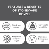 The features and benefits of stoneware bowls: Chip and bite resistant, heavy weight for stability, keeps food cooler for longer, dishwasher safe.