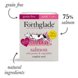 The Forthglade 75% Salmon Wet Dog Food. It is against a white background with "grain free", "75% salmon" and "natural ingredients" written around it.