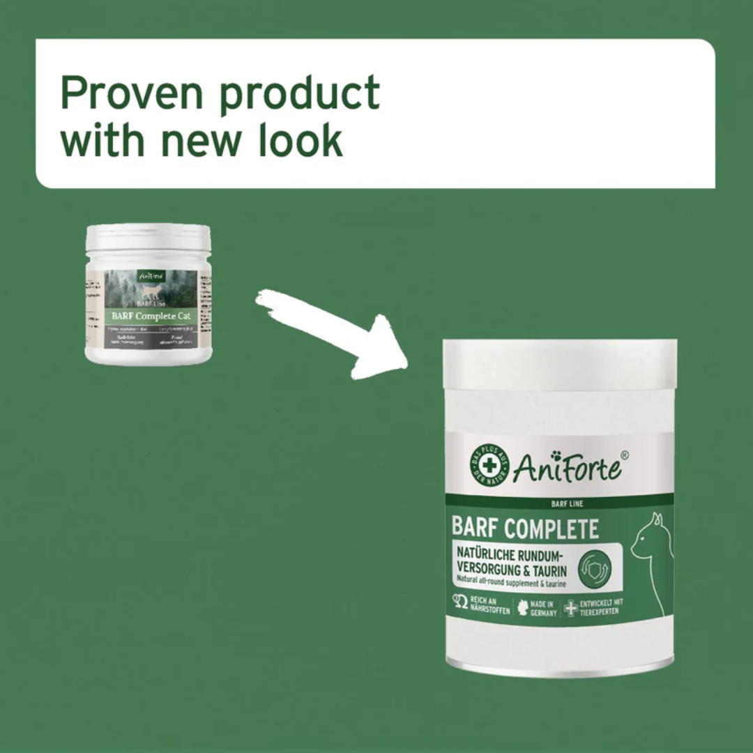 The older and New packaging of the Aniforte BARF Complete for Cats 