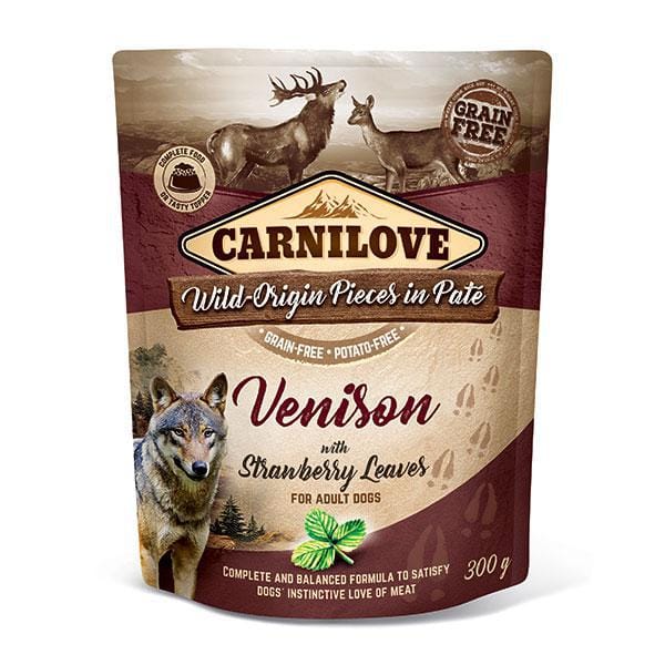 Carnilove Venison with Strawberry leaves pouch 300g against a white background