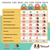 An infographic of all The Natural dog Company's fish oils to help customers make an informed decision.