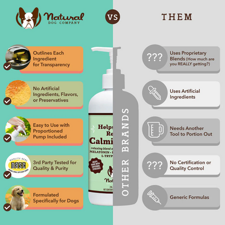 An infographic about how the Bottle of Natural Dog Company Calming Oil is better for your dog than other similarly marketed products.