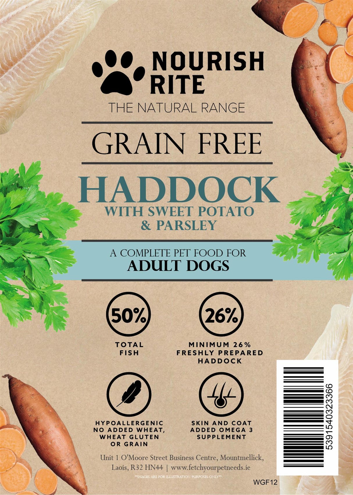 Label for Nourish Rite Grain Free Haddock Adult Dog Food.