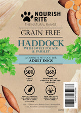 Label for Nourish Rite Grain Free Haddock Adult Dog Food.