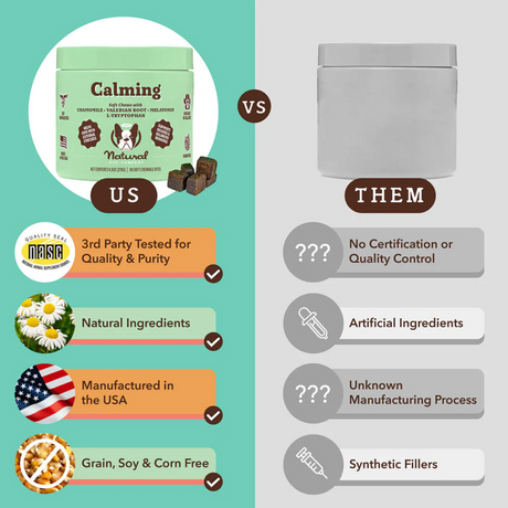 An infographic as to why the Natural Dog Company Supplement Chews is better than other products with the same claims.