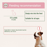 Feeding guidelines for Aniforte Taurine Power for dogs. A note stating bigger dogs can be more prone to deficiency.