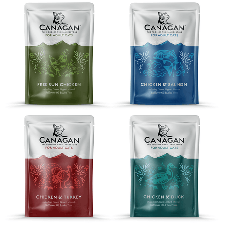 Each flavour of the multipack including: Free Run Chicken, Chicken & Salmon, Chicken & Turkey, and Chicken& Duck.