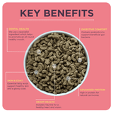 An infographic by Burgess stating the benefits of this cat food. There is a bowl of cat food in the middle of the photo.