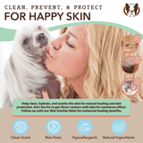 An image of a woman kissing their white dog with a list of benefits and uses for the Natural Dog Company Skin Soother Wipes