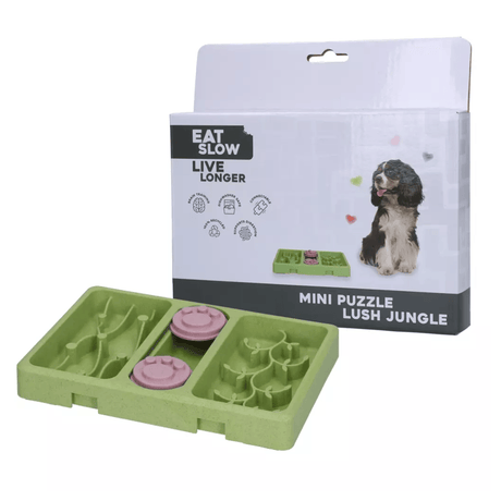 The Eatslow Live Longer Lush Jungle mini puzzle displayed beside it's box against a white background