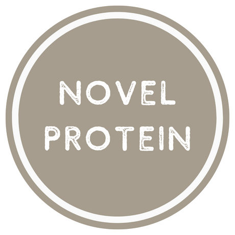 Logo for Novel Protein with a beige circle and white text