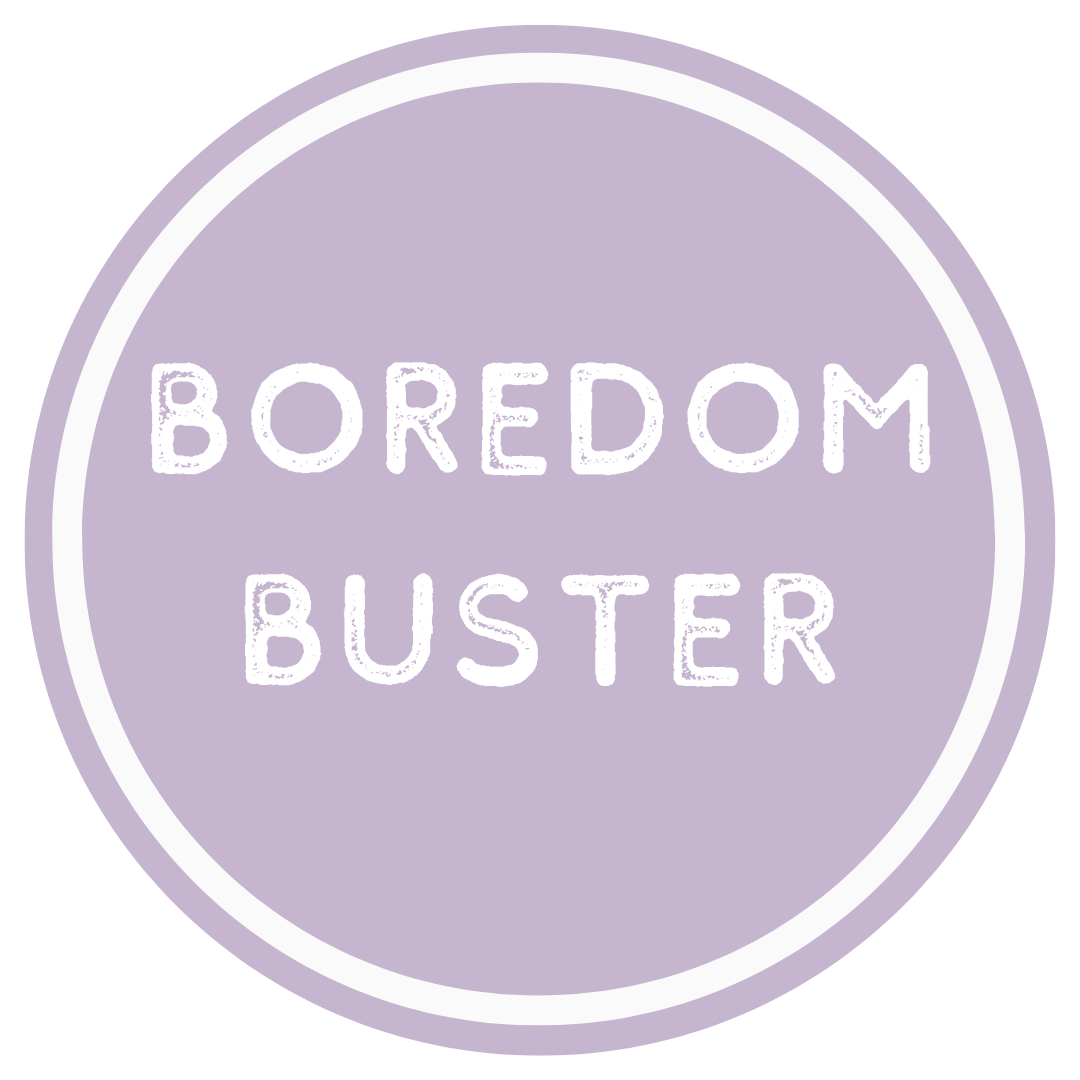 Circular logo with 'Boredom Buster' text on a light purple background