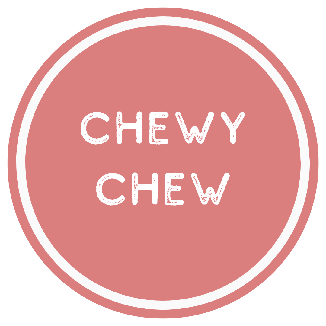 Circular logo with 'CHEWY CHEW' text on a pink background