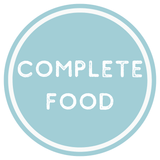 Round blue badge with 'COMPLETE FOOD' text on a white background