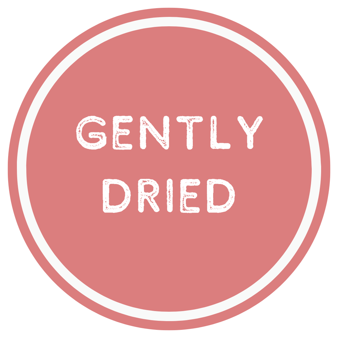 Circular logo with 'Gently Dried' text on a pink background