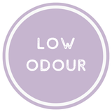 Circular logo with 'LOW ODOUR' text on a light purple background