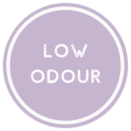 Circular logo with 'LOW ODOUR' text on a light purple background