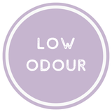 Circular logo with 'LOW ODOUR' text on a light purple background