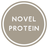 Logo for Novel Protein with a beige circle and white text