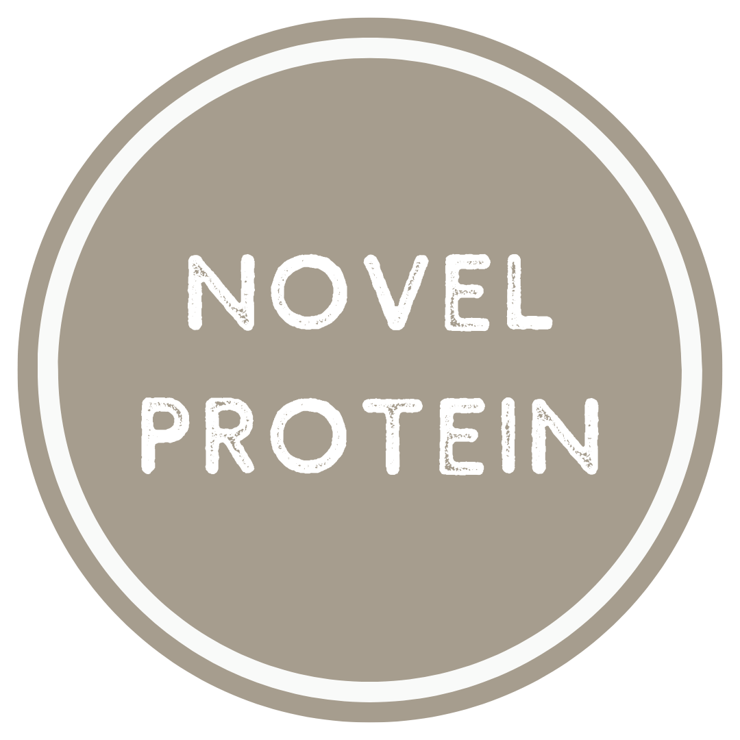 Logo for Novel Protein with a beige circle and white text