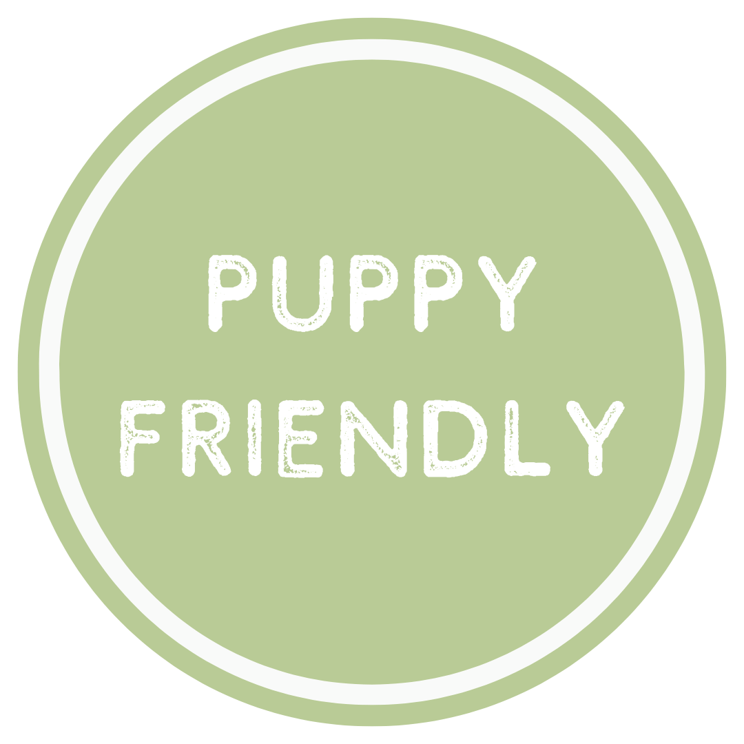 Green circle with 'Puppy Friendly' text on a white background