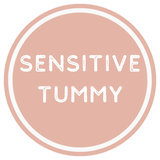 Round logo with 'SENSITIVE TUMMY' text on a pink background
