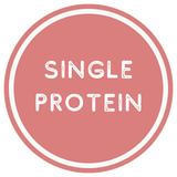 Circular logo with 'SINGLE PROTEIN' text on a pink background