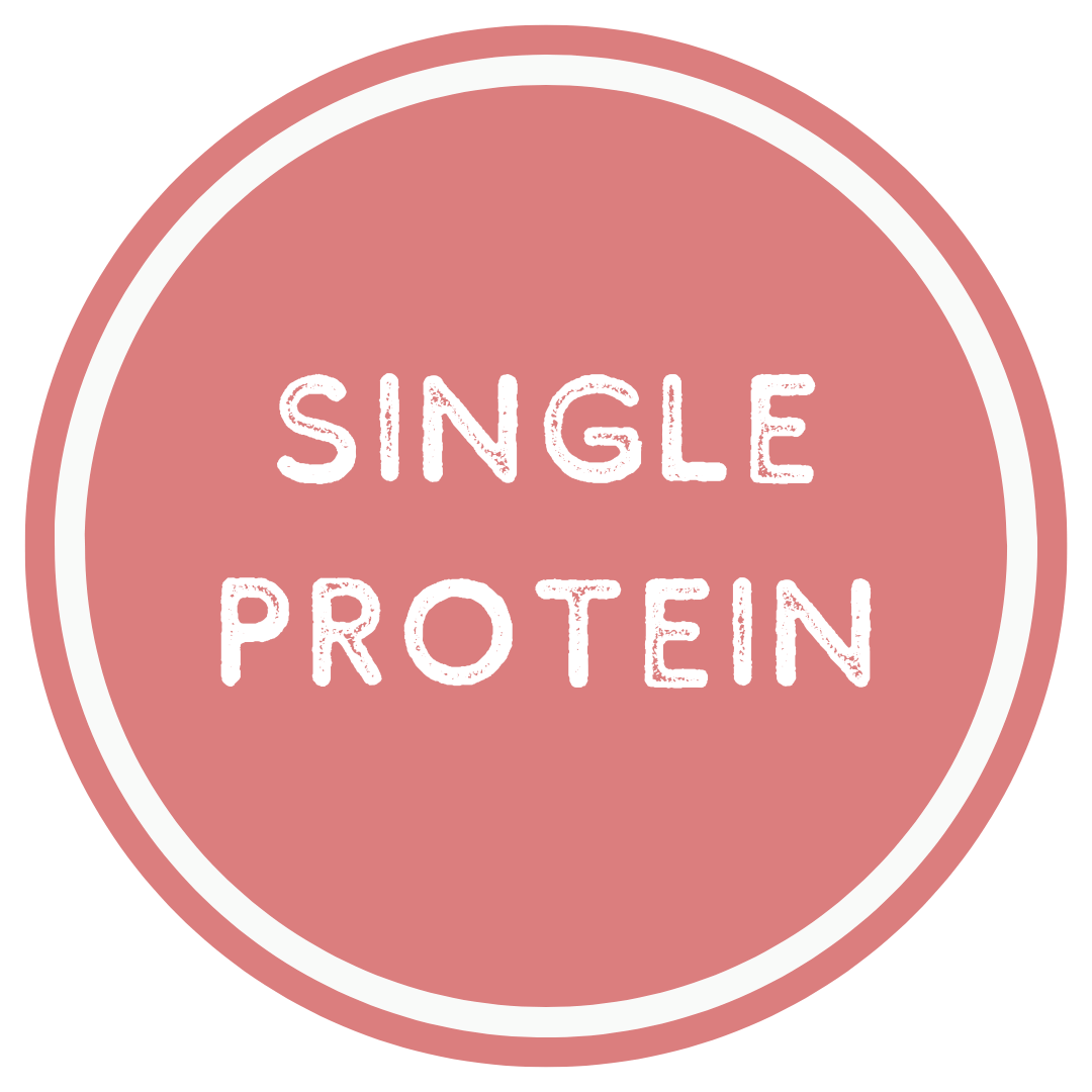 Circular logo with 'SINGLE PROTEIN' text on a pink background