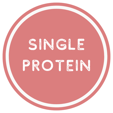 Circular logo with 'SINGLE PROTEIN' text on a pink background