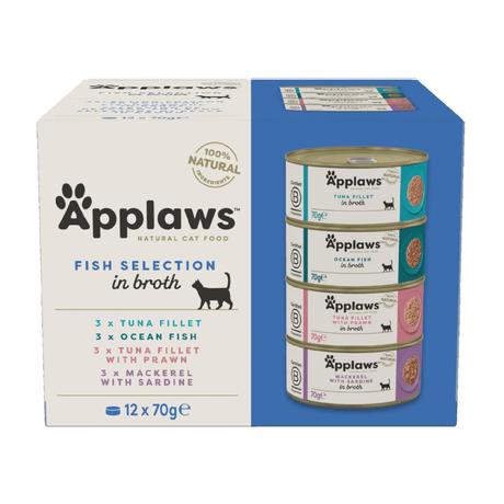 A 12-pack box of Applaws Fish Selection in Broth wet cat food, featuring a white and blue cardboard box with four stacked cans shown on the right side.