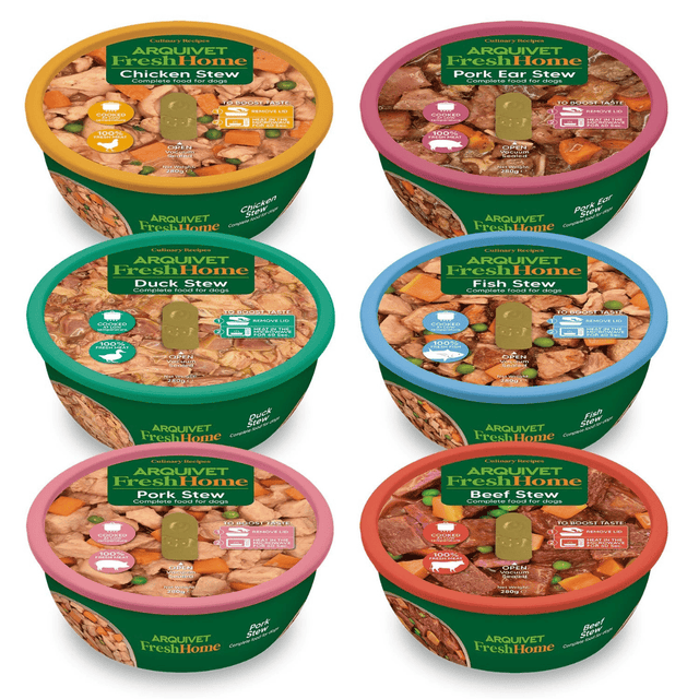 Assorted Arquivet Fresh Home pet food bowls with different flavors on a white background