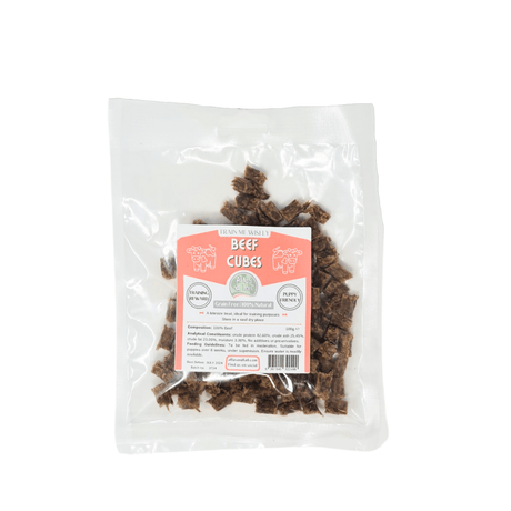 Packaged beef cubes with a label on a white background