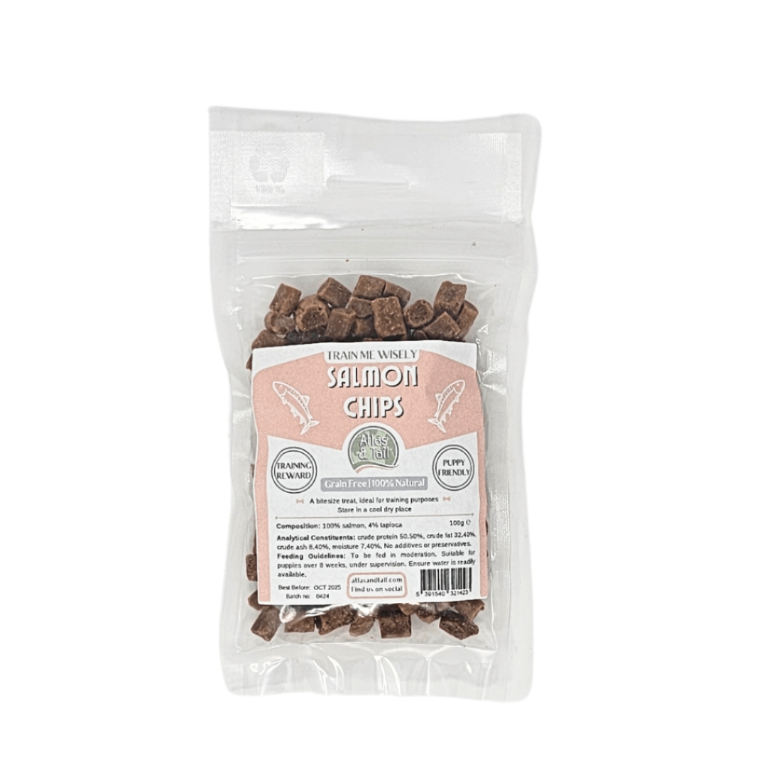 Package of Salmon Chips with a visible label on a white background