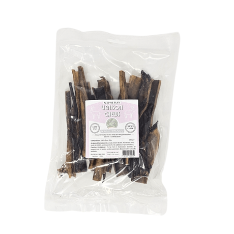 Packaged venison chews with a label on a white background