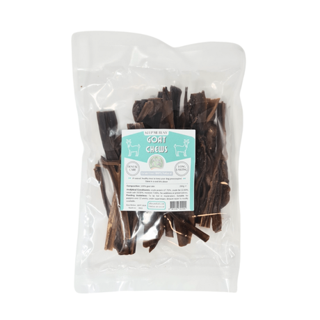 Packaged goat chews with a label on a white background