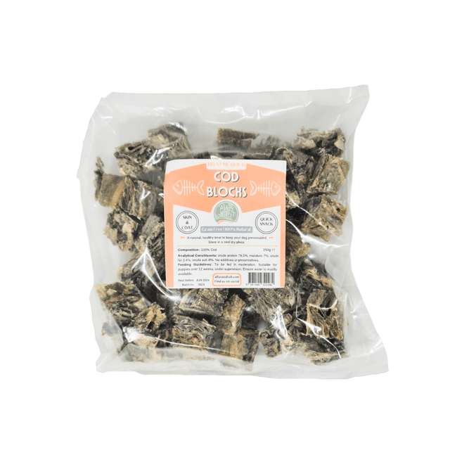 Packaged cod blocks with a label on a white background