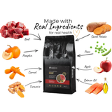 Barkin Bistro Cold Pressed Beef Dog Food surrounded by ingredients