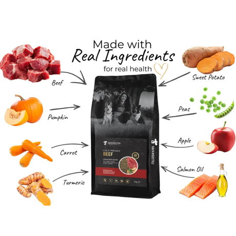 Barkin Bistro Cold Pressed Beef Dog Food surrounded by ingredients