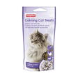 Beaphar Calming Cat Treats in a purple hanging pouch with a photo of a long-haired cat on the front, shown on a plain white background.