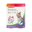 Beaphar StressLess herbal calming spot-on box for cats, featuring a white package with orange, pink, green, and purple accents, a photo of an orange tabby cat.