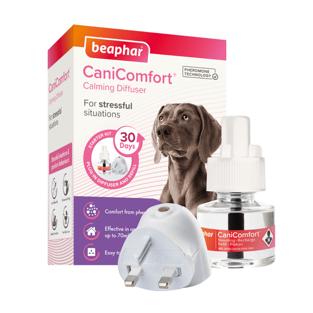 Beaphar CaniComfort Calming Diffuser starter kit, featuring the retail box with a dog illustration, a white plastic diffuser base, and a glass refill bottle with a white cap on a white background.