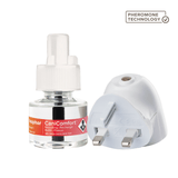A Canicomfort Pheromone refill bottle with a white cap next to its white UK wall plug and diffuser, on a white background with a Pheromone Technology badge.